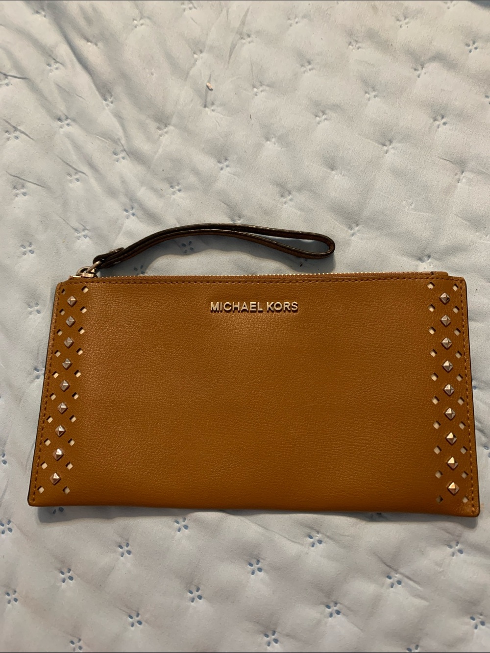 Michael Kors Cognac Leather Wristlet Clutch with Stud Detail